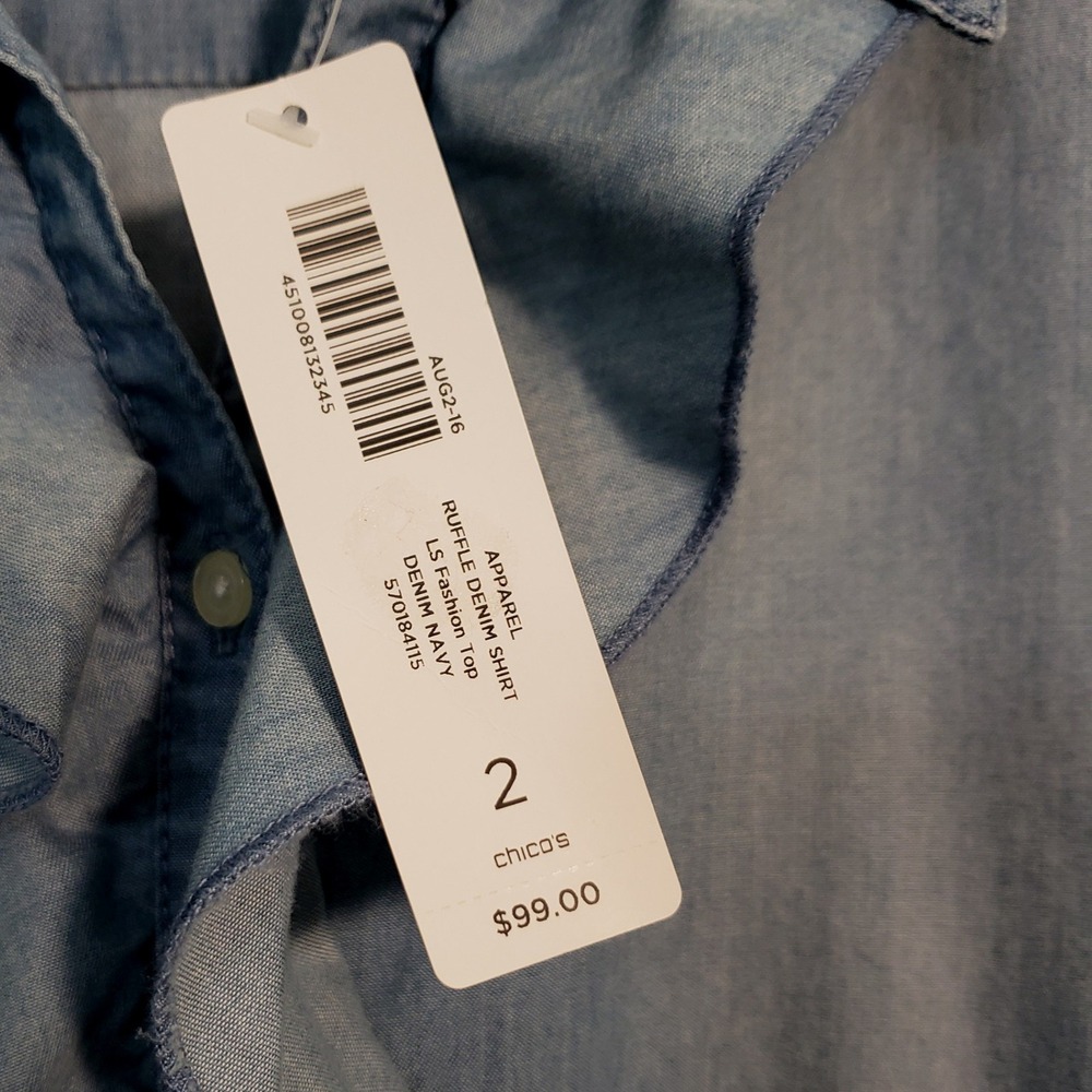 Chicos Chambray Ruffle Denim Shirt Women 2 L/US12 Button Up Blue Long Sleeve - Picture 2 of 9